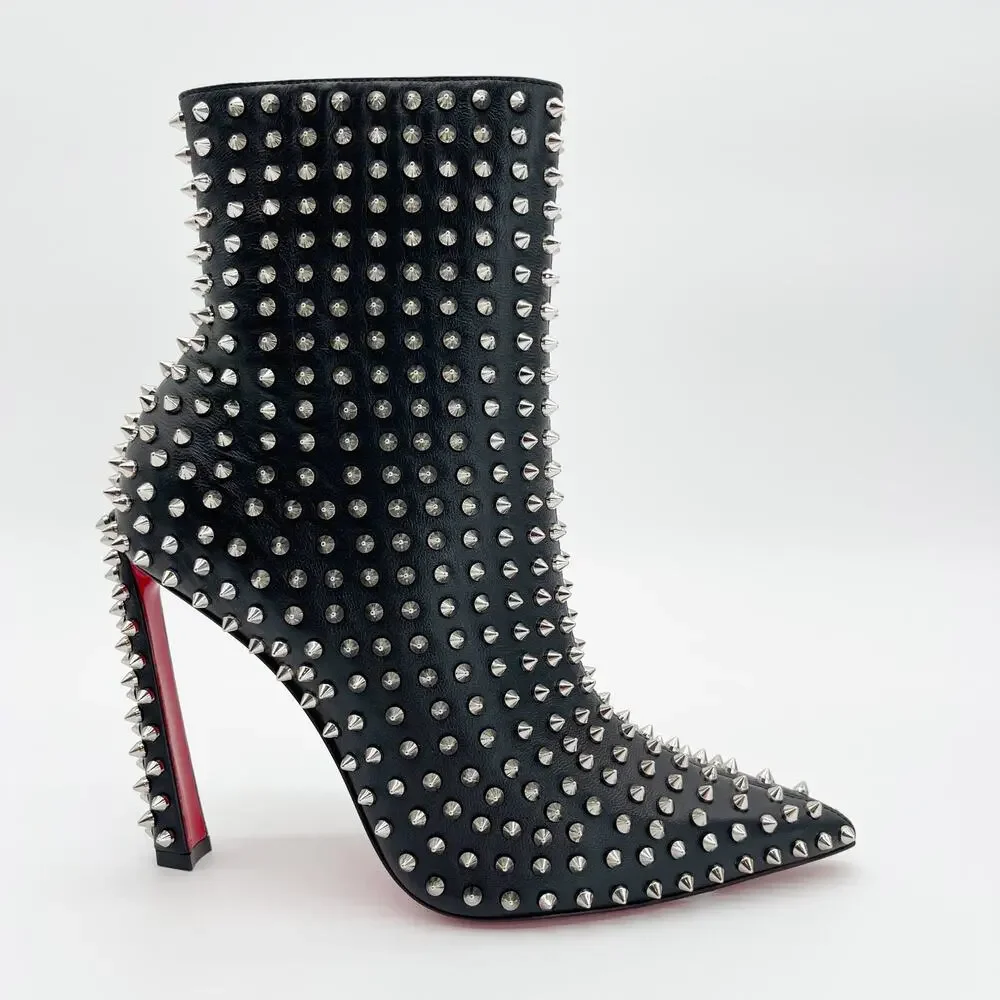 Christian Louboutin Black Condora Booty Spiked Leather Heeled Ankle Boots EU 40